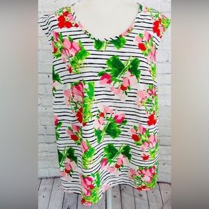 MERONA Black & White Striped Red & Green Floral Cap Sleeve Blouse - XXL